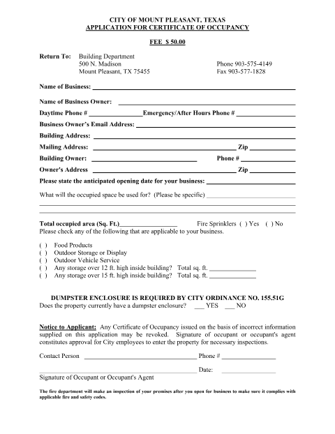 First page of the Certificate of Occupancy Application