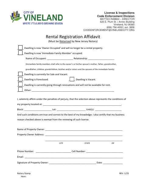 First page of the Rental Registration Affidavit