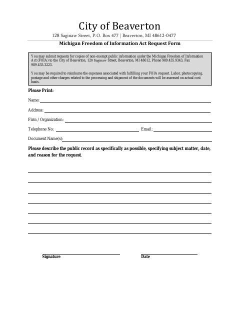 First page of the Michigan Freedom of Information Act Request Form