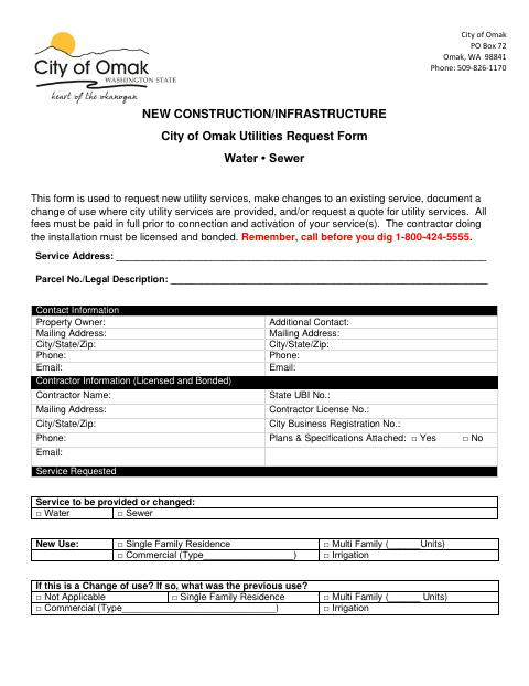 First page of the New Construction/Infrastructure Utilities Request Form