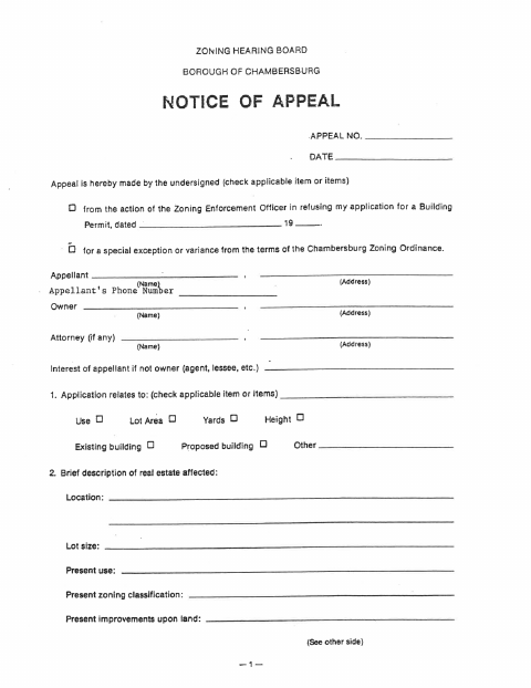 First page of the Zoning Hearing Board Notice of Appeal