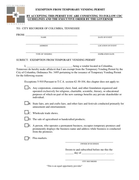 First page of the Temporary Vending Permit Exemption