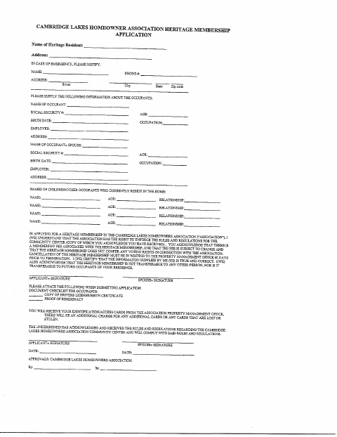 First page of the Heritage Membership Application
