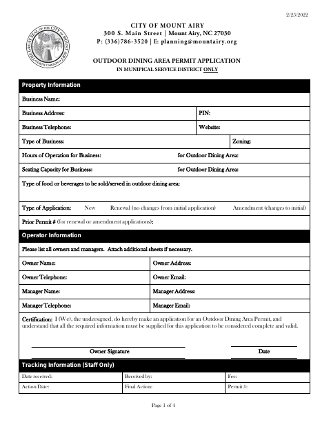 First page of the Outdoor Dining Area Permit Application