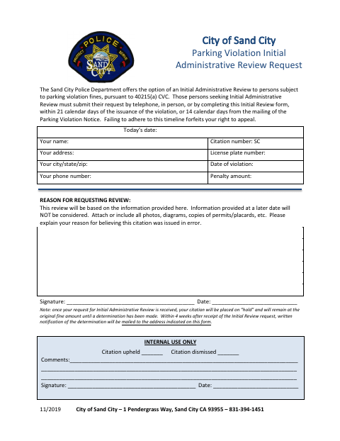 First page of the Parking Violation Initial Administrative Review Request