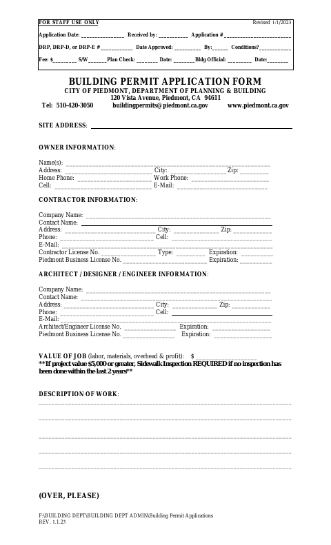 First page of the Building Permit Application Form
