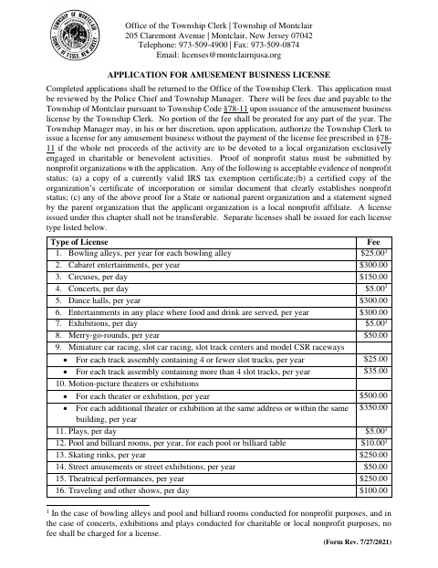 First page of the Application for Amusement Business License