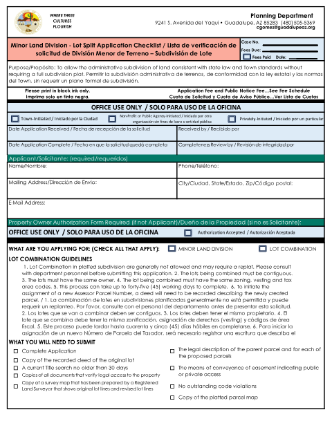 First page of the Minor Land Division – Lot Split Application Checklist