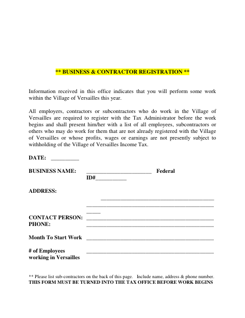 First page of the Business & Contractor Registration