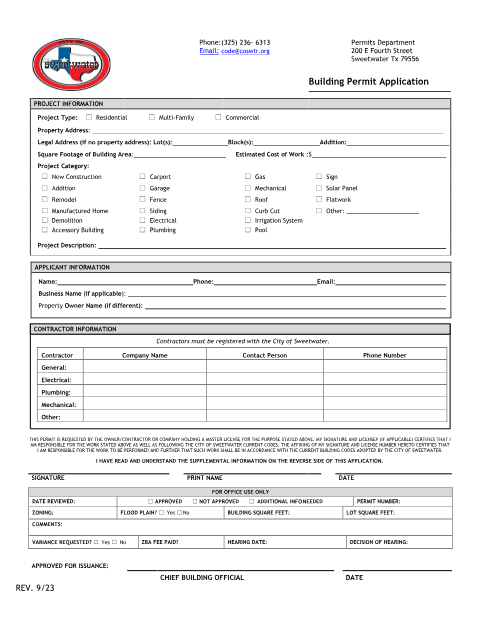 First page of the Building Permit Application