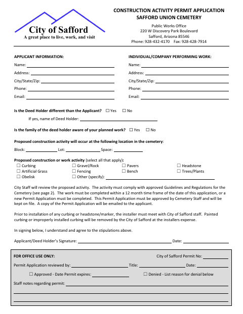 First page of the Cemetery Construction Permit Application
