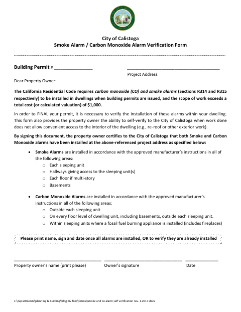 First page of the Smoke & CO Alarm Self Verification