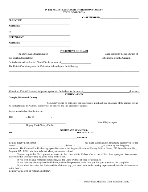 First page of the Magistrate Court Complaint and Summons