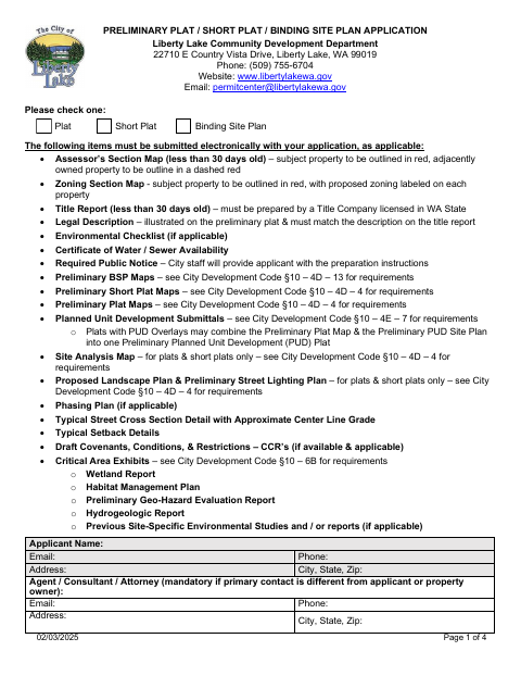 First page of the Preliminary Plat, Short Plat, and Binding Site Plan Application
