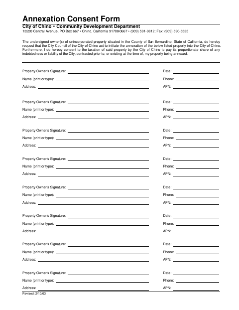 First page of the Annexation Consent Form
