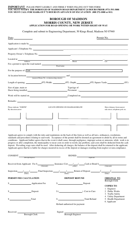 First page of the Application for Road Opening or Work Within Right-of-Way