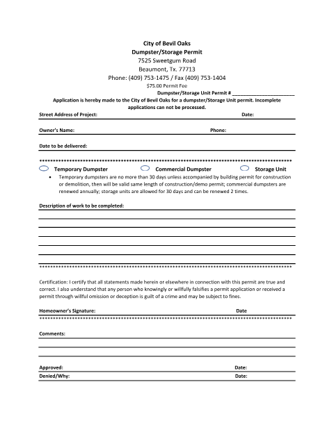 First page of the Dumpster/Storage Unit Permit