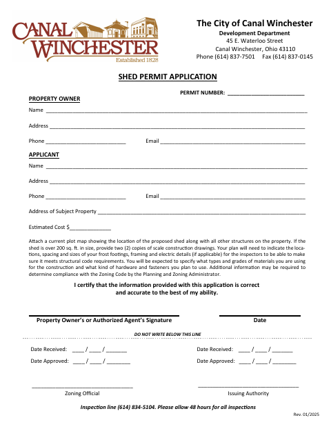 First page of the Shed Permit Application