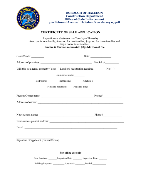 First page of the Certificate of Sale Application