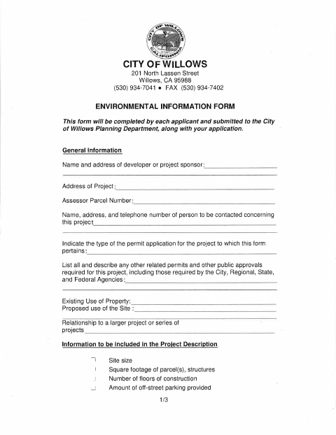 First page of the Environmental Information Form