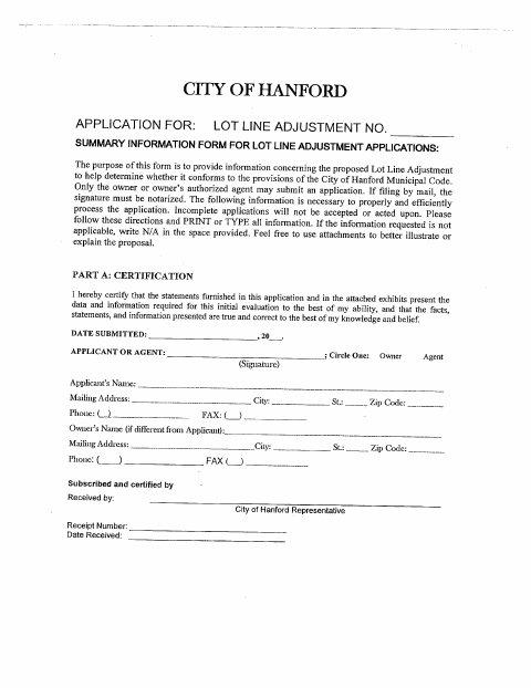 First page of the Parcel Map Waiver / Lot Line Adjustment Application