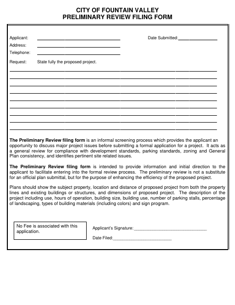 First page of the Preliminary Review Filing Form