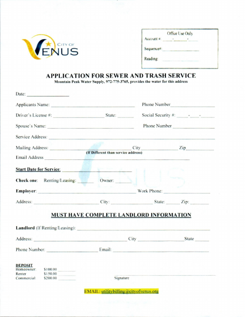 First page of the Sewer And Trash Service Application