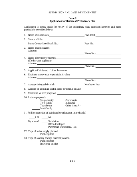First page of the Application for Review of Preliminary Plan