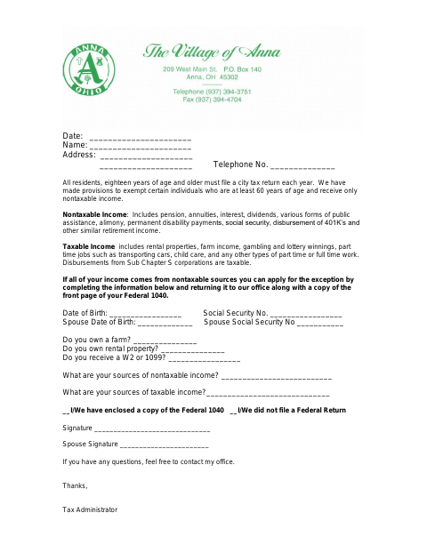 First page of the Income Tax Exemption Form