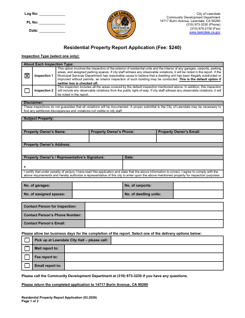 First page of the Residential Property Report Application