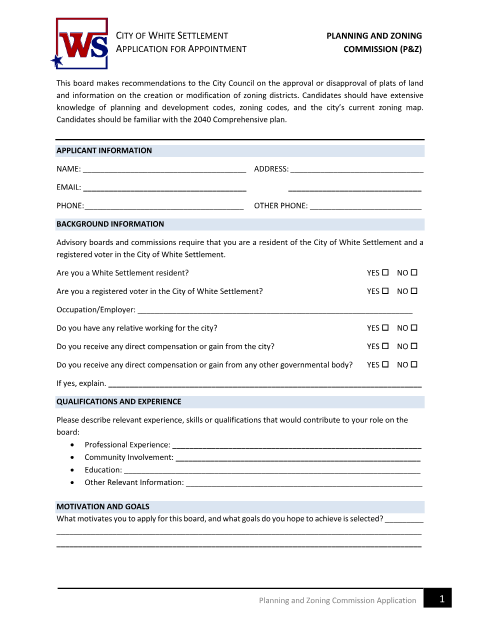 First page of the Planning and Zoning Commission Application
