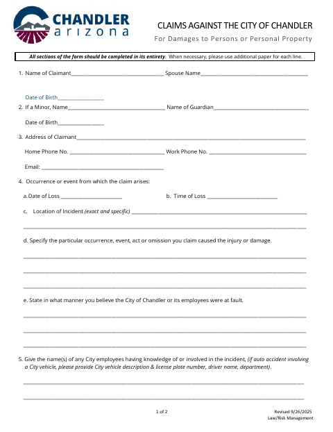 First page of the Claims for Damages to Persons or Personal Property