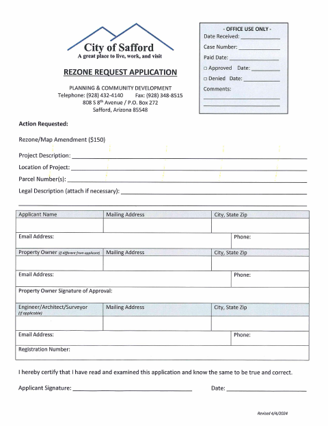 First page of the Rezone Request Application and Owner Waiver