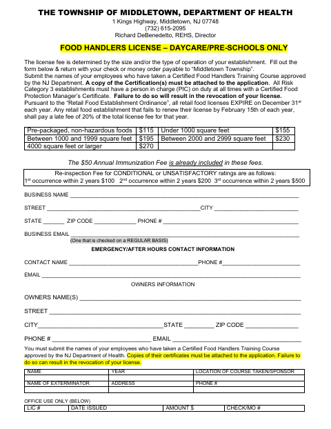 First page of the Food Handlers License – Daycare/Pre-Schools Only