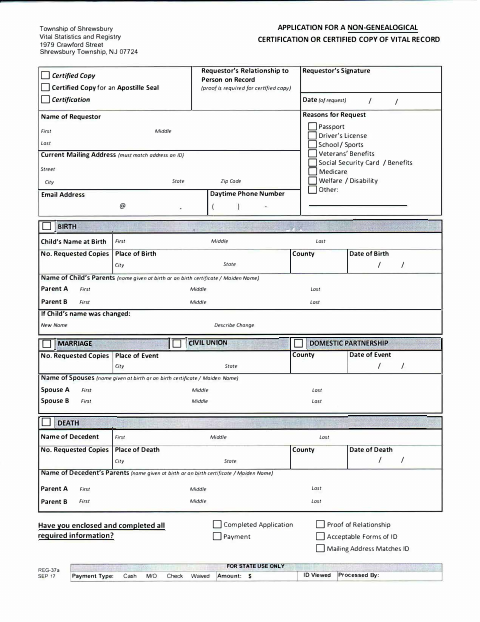 First page of the Application for a Non-Genealogical Certification or Certified Copy of Vital Record