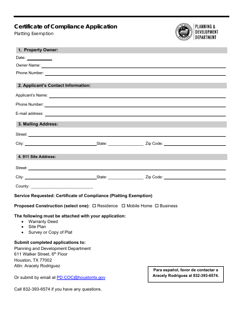 First page of the Certificate of Compliance Application