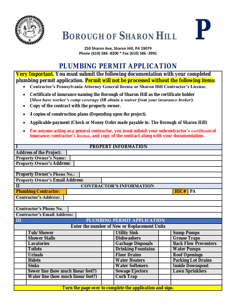 First page of the Plumbing Permit Application