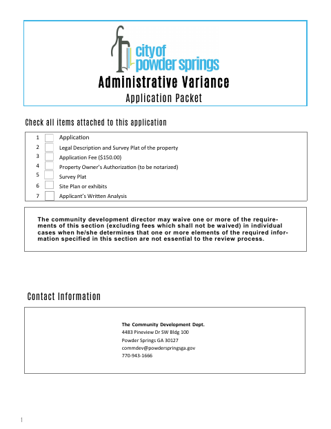 First page of the Administrative Variance Application