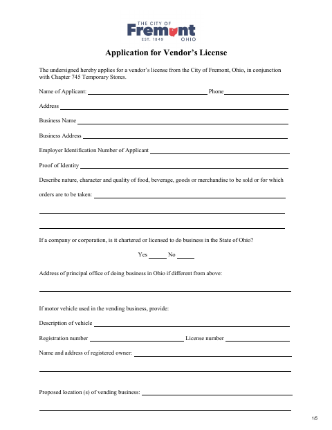 First page of the Application for Vendor’s License