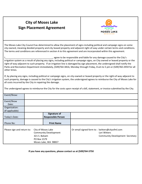 First page of the Sign Placement Agreement