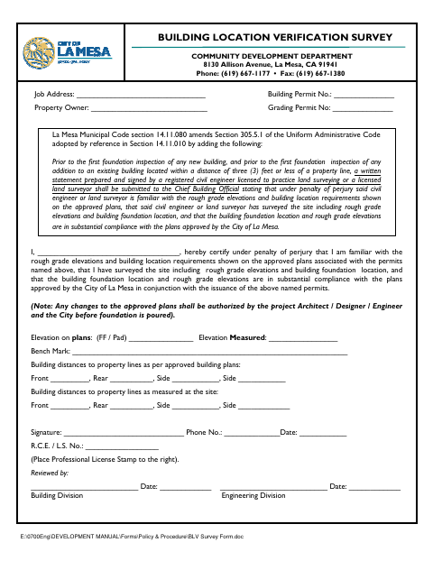 First page of the Building Location Verification Survey