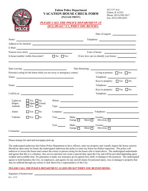 First page of the Vacation House Check Form