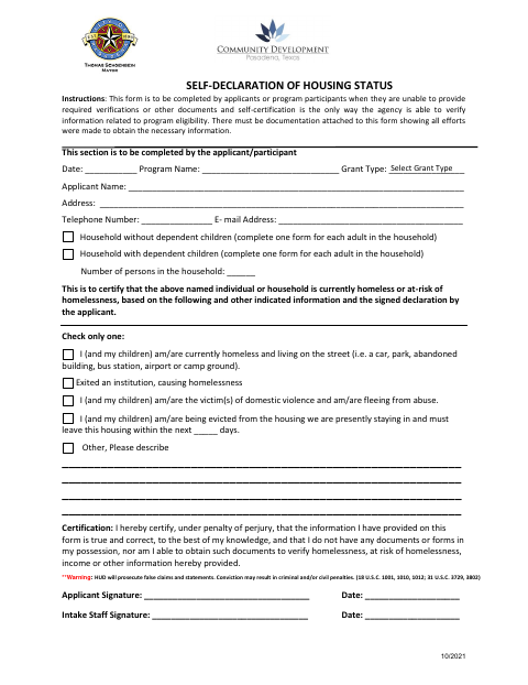 First page of the Self-Declaration of Housing Status
