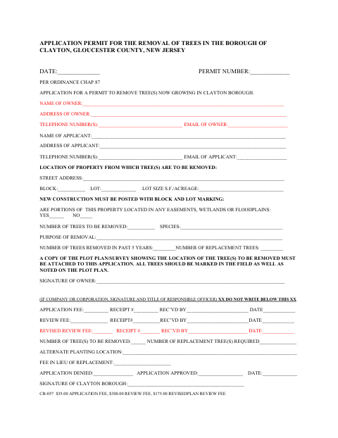 First page of the Application Permit for the Removal of Trees