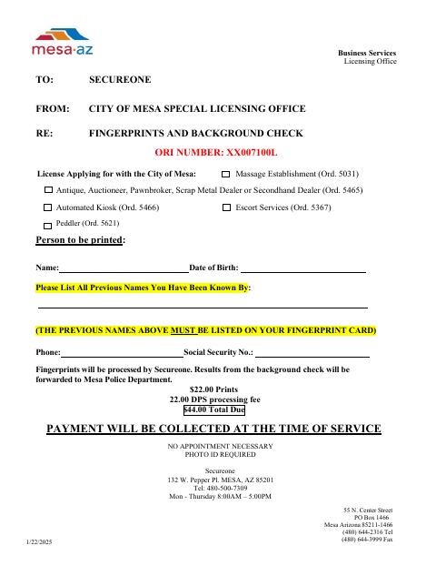 First page of the Special Licensing Office Fingerprints and Background Check