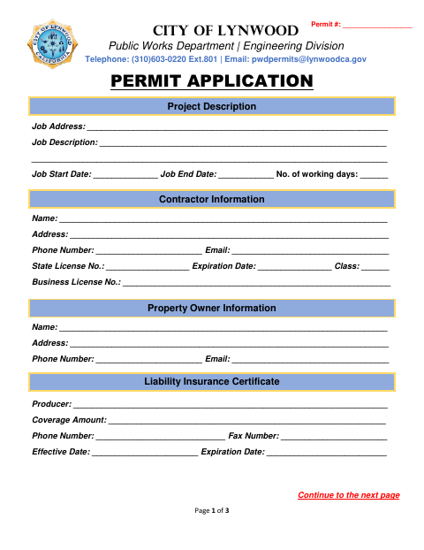 First page of the Public Works Permit Application