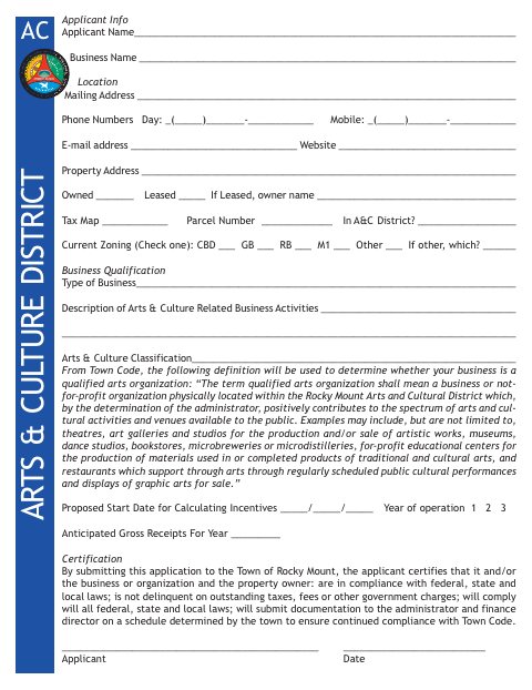 First page of the Arts & Culture District Application