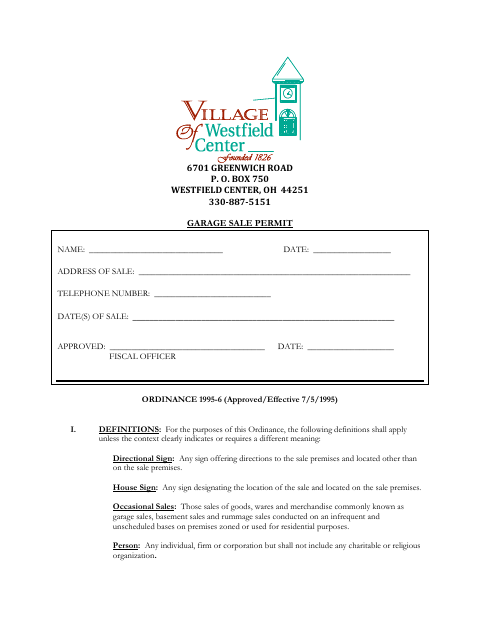 First page of the Garage Sale Permit Form