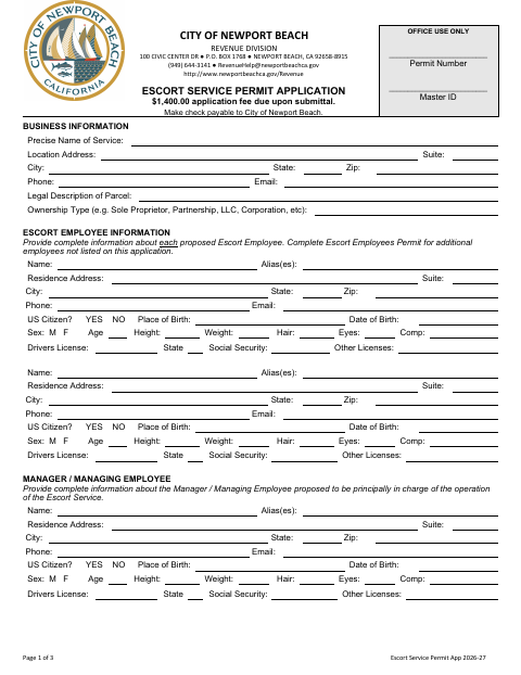 First page of the Escort Service Permit Application