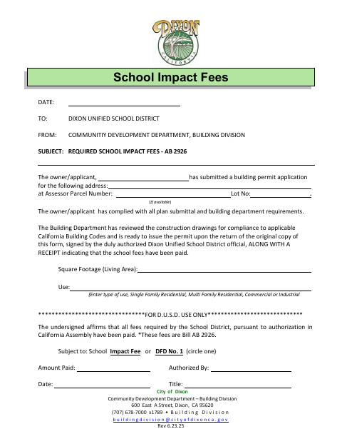 First page of the School Impact Fees